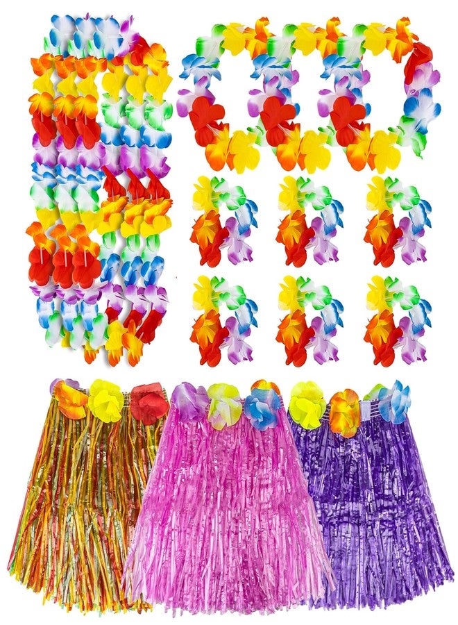 RAINFLOW Hawaiian Grass Skirts 30cm Hawaiian Hula Grass Skirt with Flower Costume Set for Dance Birthday Tropical Party Decorations Favors, Multicolor, 3 Sets - Image 1